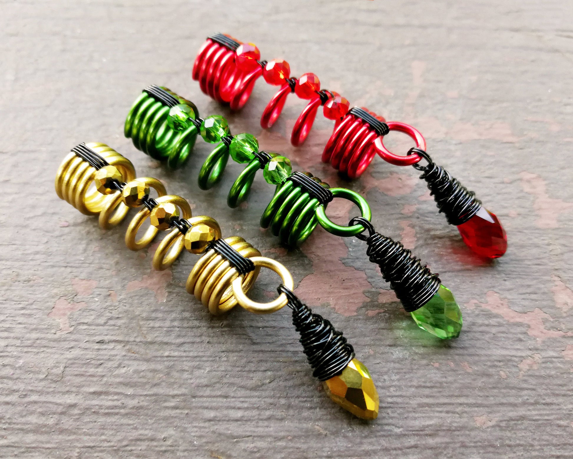 A back view of Multi-tone Rasta Dread Beads Set of 3.